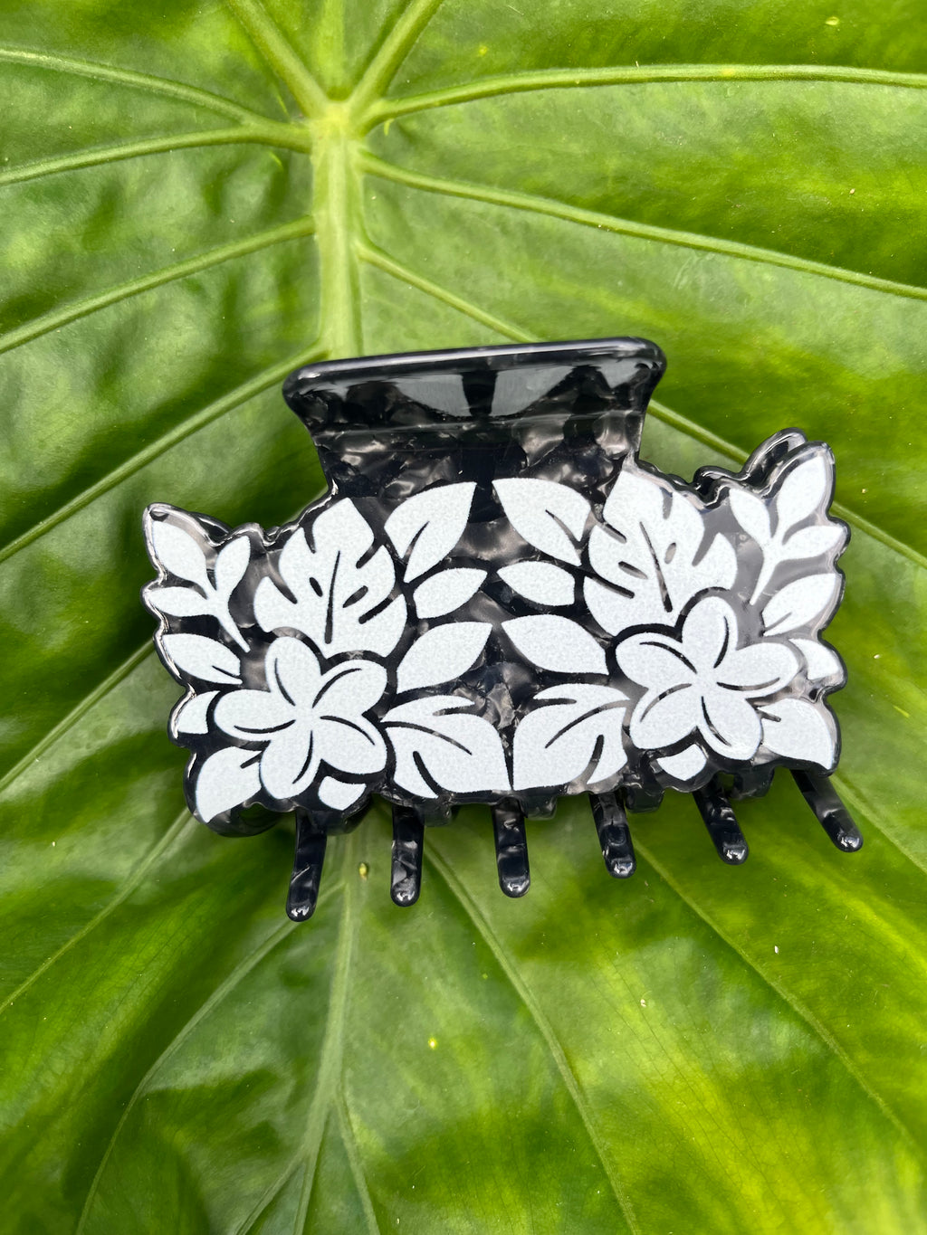 Floral Clip Black Marble & White
